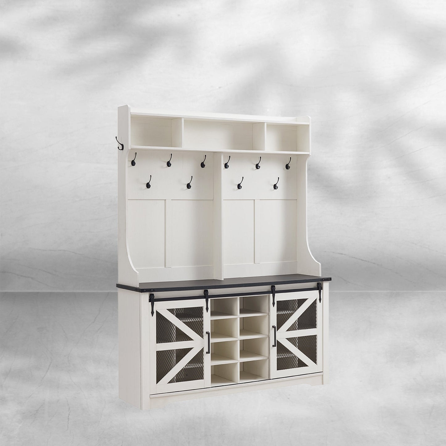 59" Farmhouse Hall Tree with Shoe Storage Bench & Cubbies