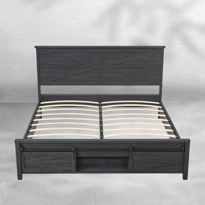 Queen Size Farmhouse Wood Bed Frame 64" with Barn Door Cabinets