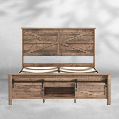Queen Size Farmhouse Wood Bed Frame 64" with Barn Door Cabinets