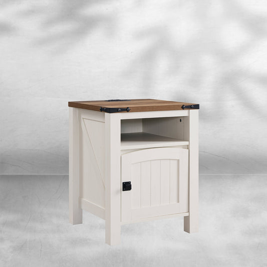 Farmhouse Nightstand with Charging Station Rustic End Table