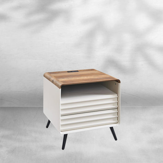 Mid Century Nightstand with Charger Station & Two Drawers