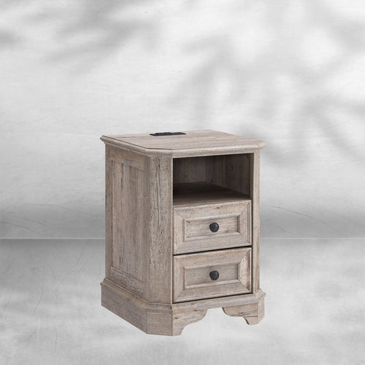 Farmhouse Nightstand with Charging Station Wood End Table Bedside Cabinet