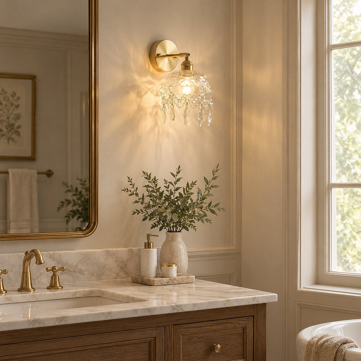 French Crystal Tassel Wall Lamp, 5.9-Inch x H 8.7-Inch, Gold & Transparent for Living Room