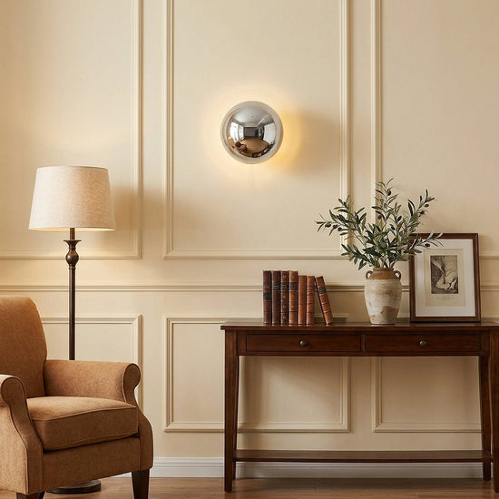 Aurum Sphere Wall Lamp, 6.3-Inch x H 3.9-Inch, Chrome, Warm Light for Living Room & Dining Room