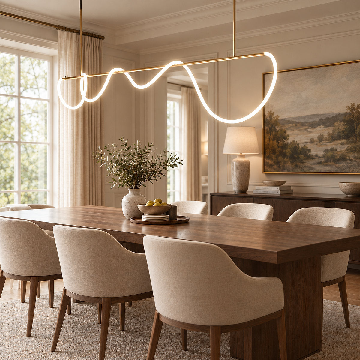 Sculptural Curved Linear and Round LED Chandelier