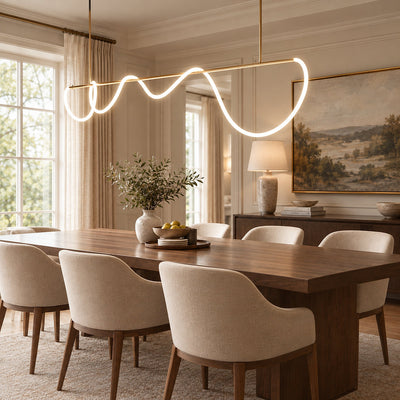 Sculptural Curved Linear and Round LED Chandelier