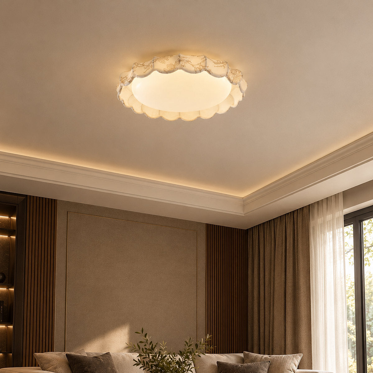 Scalloped White Fabric Flush Mount Ceiling Lamp