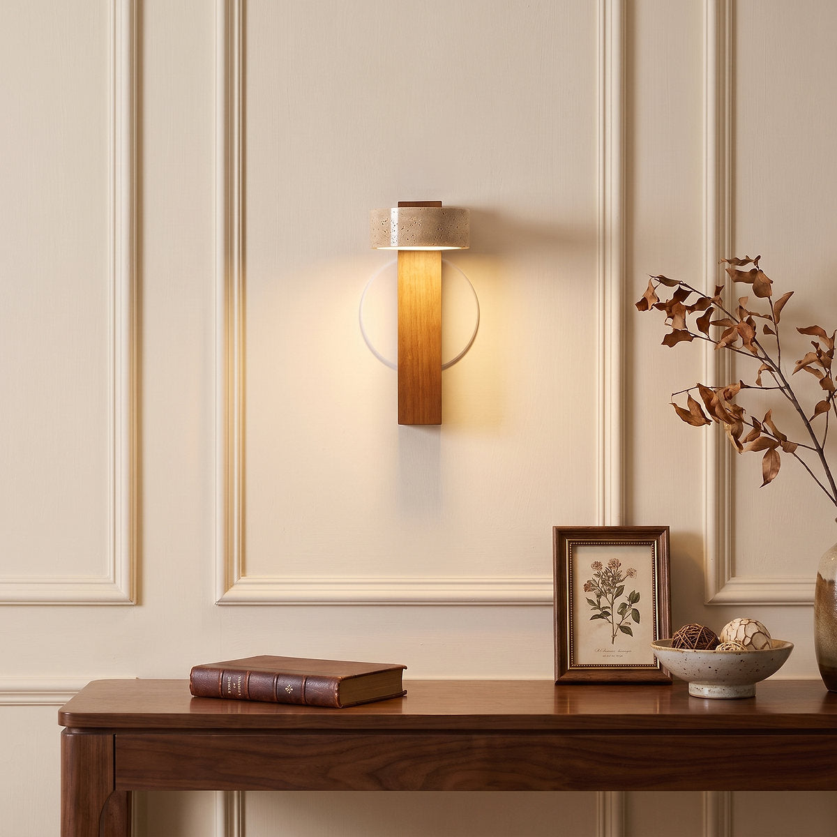 Grove Beam Wall Lamp, 3.9-Inch x H 9.1-Inch, Walnut wood & Yellow Travertine, Warm Light for Living Room & Dining Room