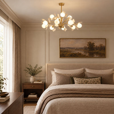 Brass Branch Chandelier with Ceramic Leaves