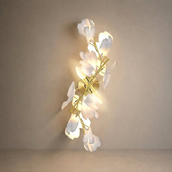 Gingko Flowers Wall Lamp, 11.8-Inch x H 23.6-Inch, Gold & White for Living Room & Dining Room