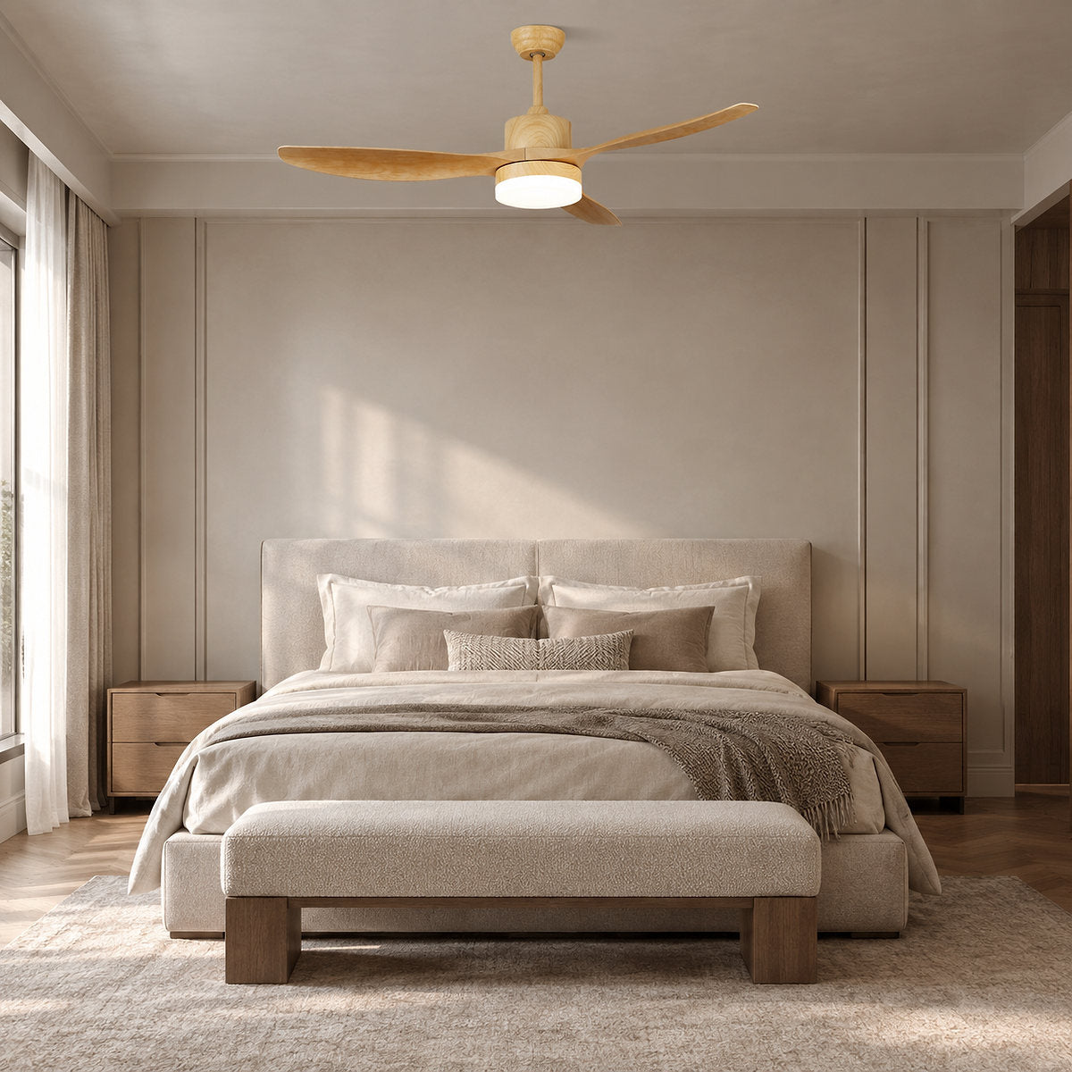 Keltis 48"/52" Ceiling Fan Light, 48~52-Inch x H 11.8-Inch, Model F Natural Wood Grain (ABS blades), Three-Color Light for Living Room