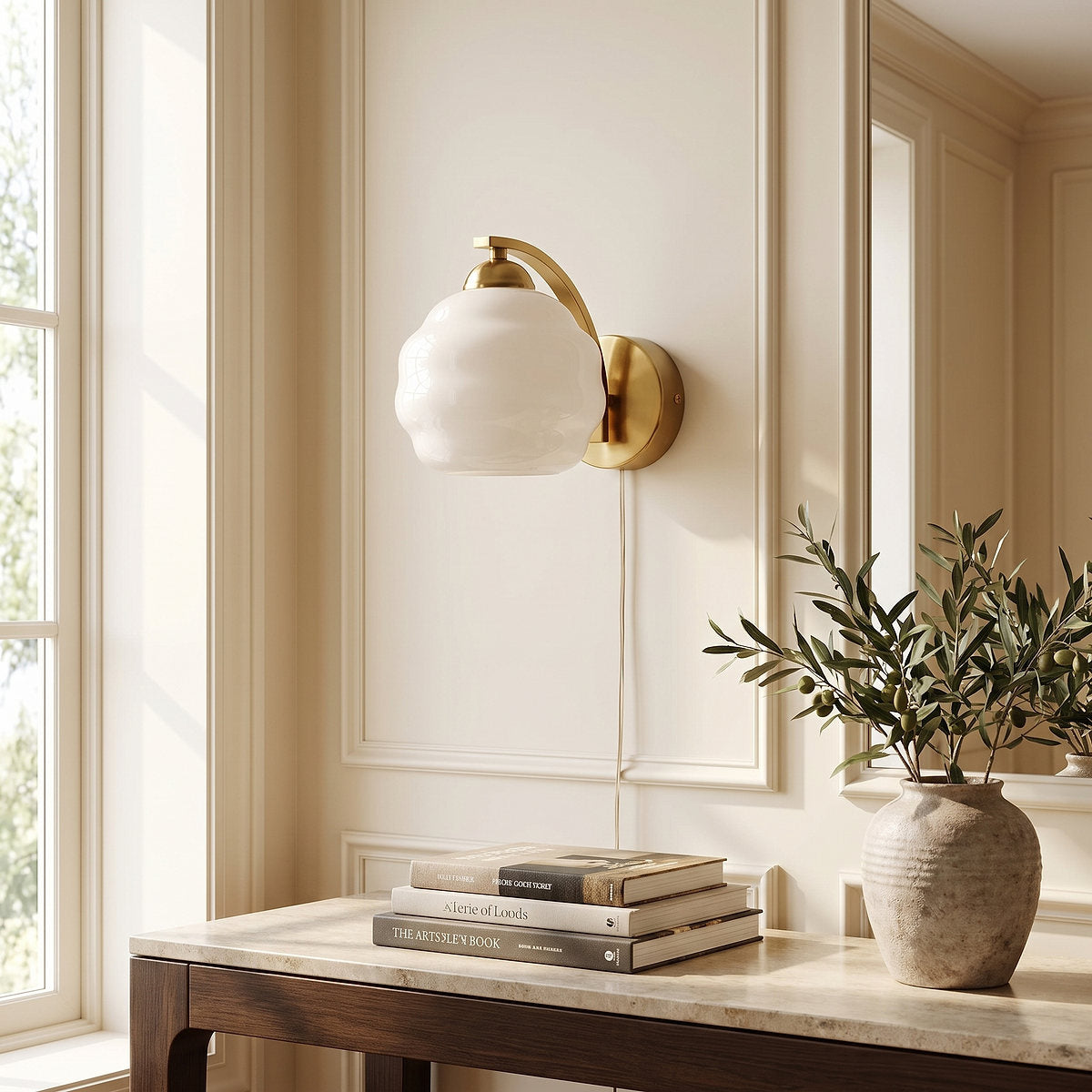 Art Deco Plug-in Wall Lamp, 5.9-Inch x H 6.3-Inch, Gold+Beige, US Plug for Bedroom & Living Room