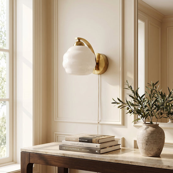 Art Deco Plug-in Wall Lamp, 5.9-Inch x H 6.3-Inch, Gold+Beige, US Plug for Bedroom & Living Room