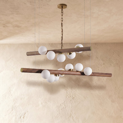 Scandinavian Wooden 5-Light Pendant Light, L 31.4-Inch x H 2.3-Inch, Walnut & White for Dining Room & Living Room