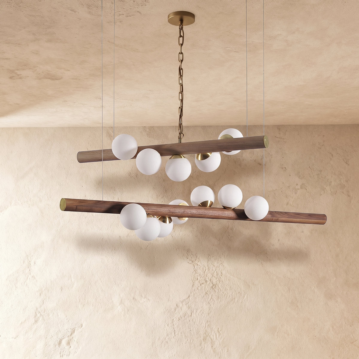 Scandinavian Wooden 5-Light Pendant Light, L 31.4-Inch x H 2.3-Inch, Walnut & White for Dining Room & Living Room