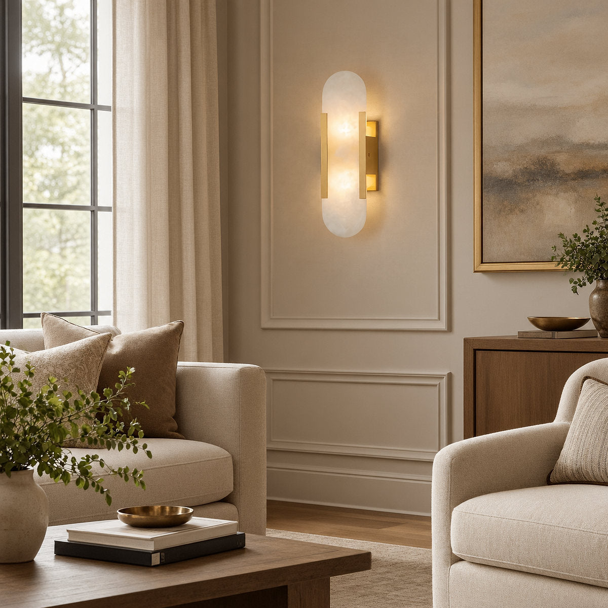 Oblong Alabaster Wall Lamp, 3.9-Inch x H 13.8~19.7-Inch, Black for Living Room & Dining Room