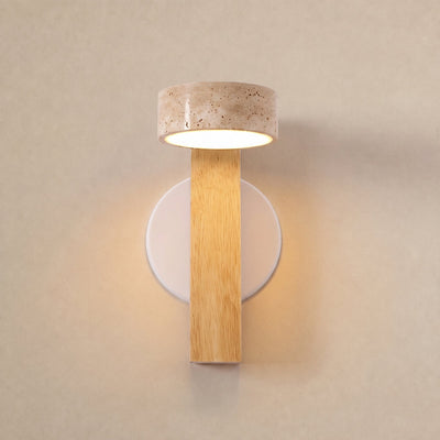 Grove Beam Wall Lamp, 3.9-Inch x H 9.1-Inch, Walnut wood & Yellow Travertine, Warm Light for Living Room & Dining Room