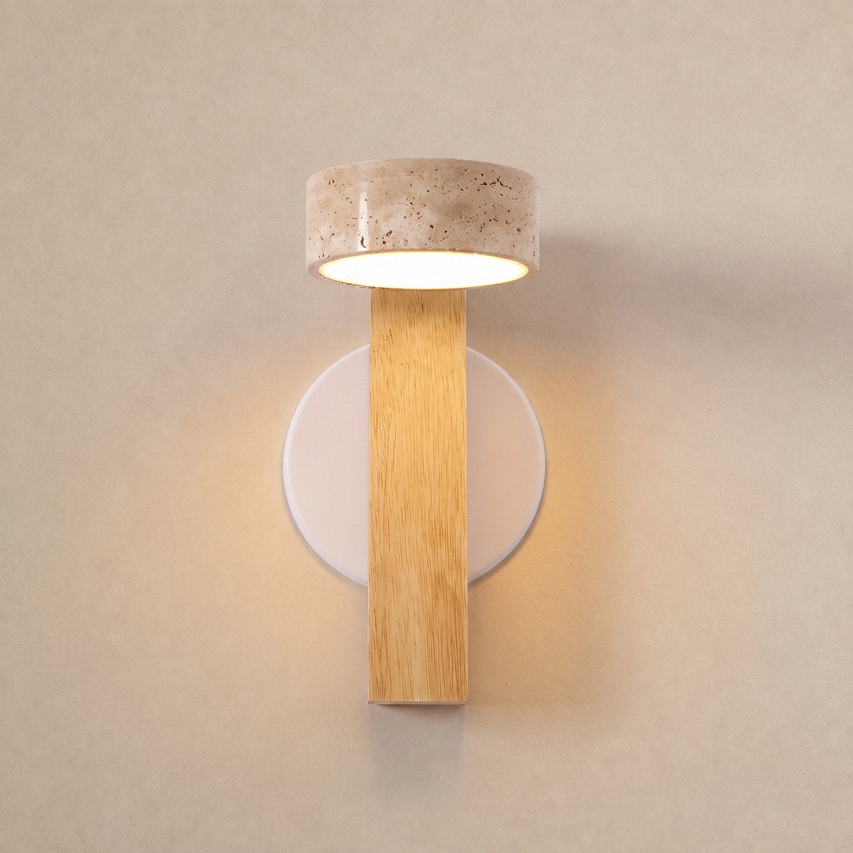 Grove Beam Wall Lamp, 3.9-Inch x H 9.1-Inch, Walnut wood & Yellow Travertine, Warm Light for Living Room & Dining Room