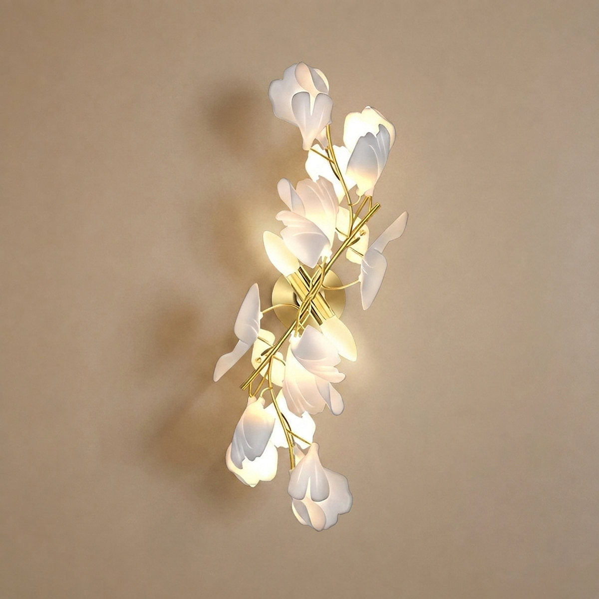 Gingko Flowers Wall Lamp, 11.8-Inch x H 23.6-Inch, Gold & White for Living Room & Dining Room