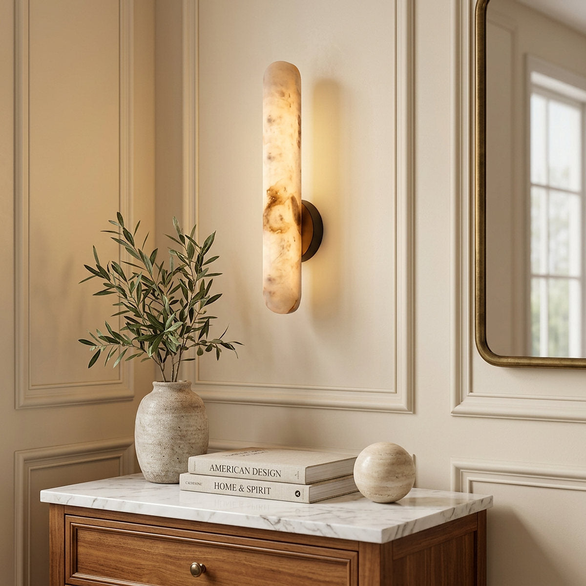 Alabaster Rod Wall Lamp, 1.9-Inch x H 15.7~23.6-Inch, Brass & White, Warm Light for Living Room & Dining Room