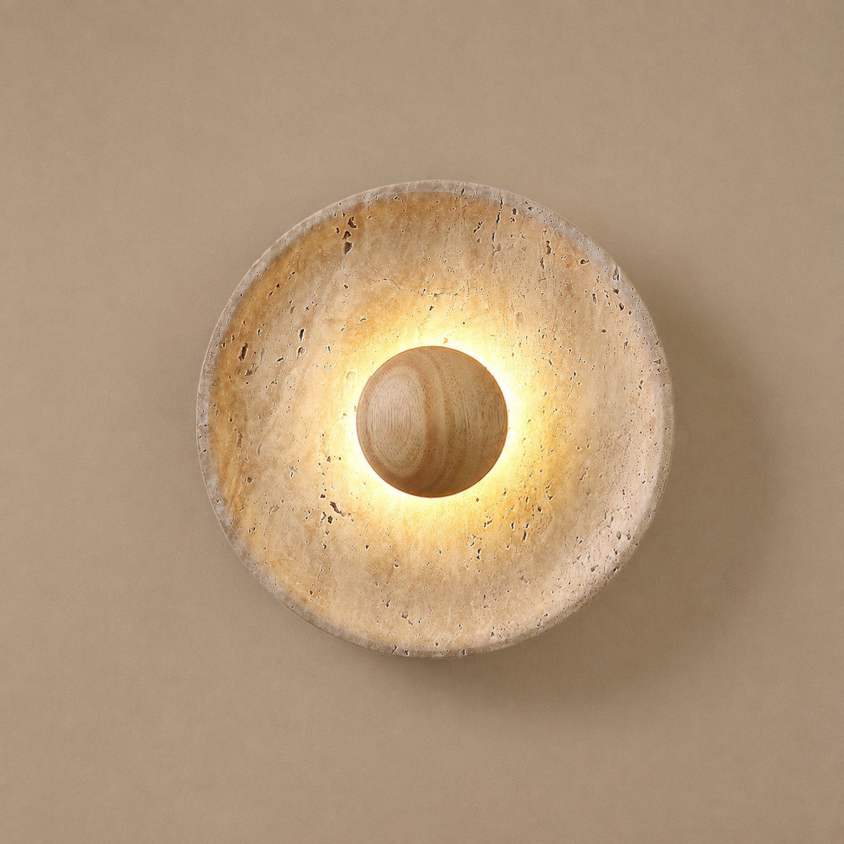 Halo Travertine Wall Lamp, 9.8-Inch x H 9.8-Inch, Wood & Yellow Travertine, Warm Light for Living Room & Dining Room