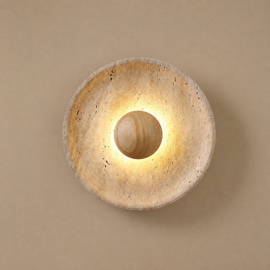 Halo Travertine Wall Lamp, 9.8-Inch x H 9.8-Inch, Wood & Yellow Travertine, Warm Light for Living Room & Dining Room