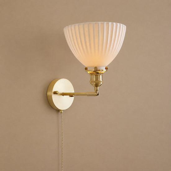 Brass Pleated Ceramic Wall Lamp, 6.7-Inch x H 9.1-Inch, Brass & White Ceramic for Living Room