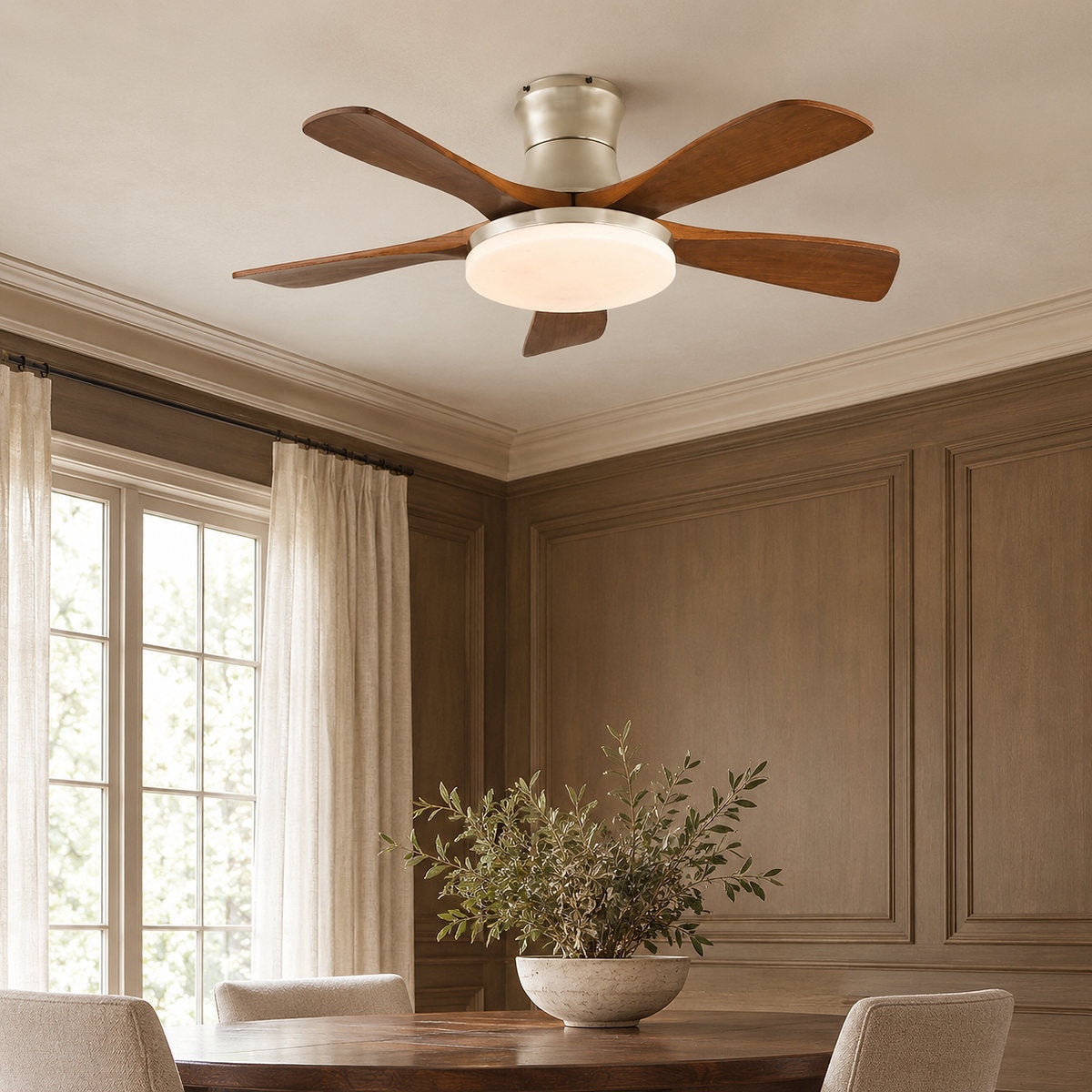 Liam Ceiling Fan Light, 42~52-Inch x H 11-Inch, Bronze & Walnut Wood, Three-Color Light for Living Room