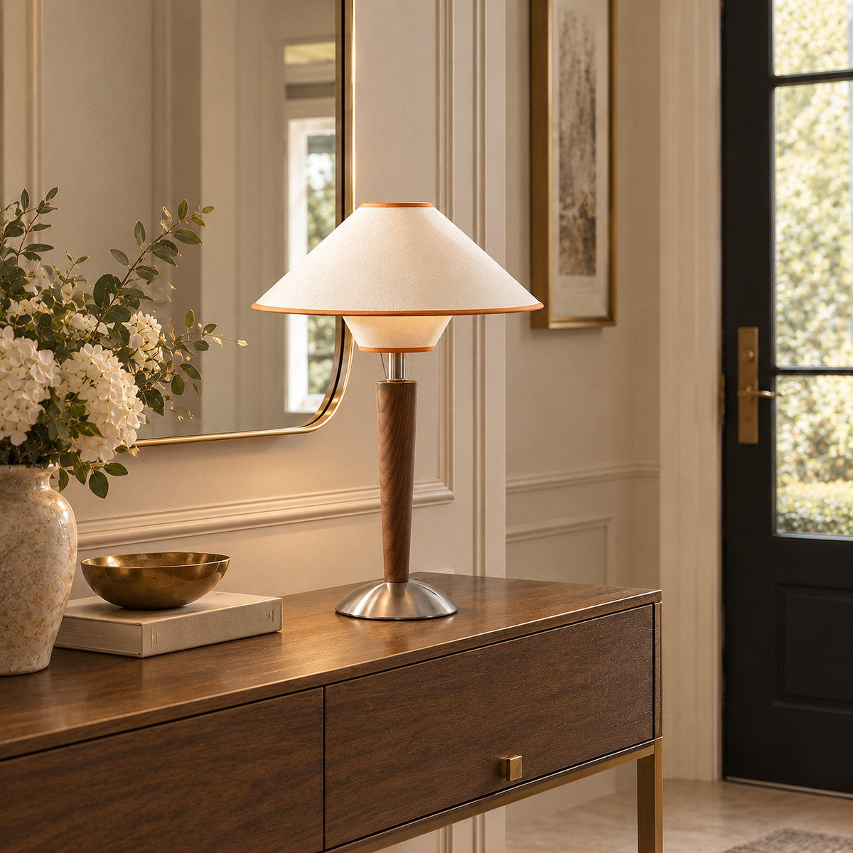 Tricolordeer Walnut Wood and Fabric Table Lamp