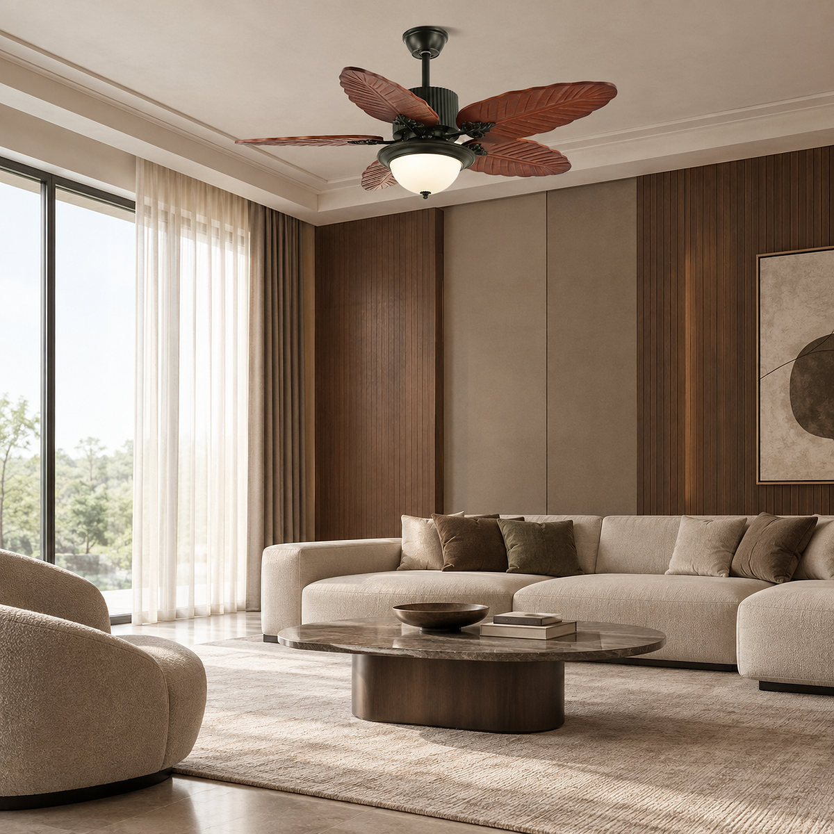 Banana Wood Leaves Ceiling Fan Light, 42-Inch X H 11.8-Inch, Model A Walnut Wood Grain & Black (Without Light) for Living Room
