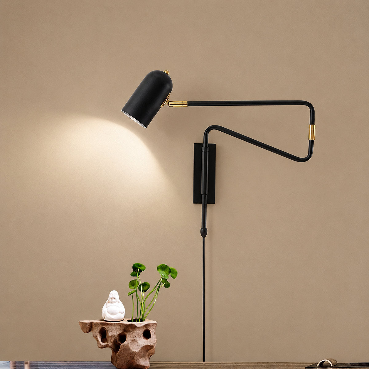 Adjustable Arm Plug In Wall Lamp, L 14.6-Inch x H 5.9-Inch, Black & Gold, US Plug for Bedroom & Living Room