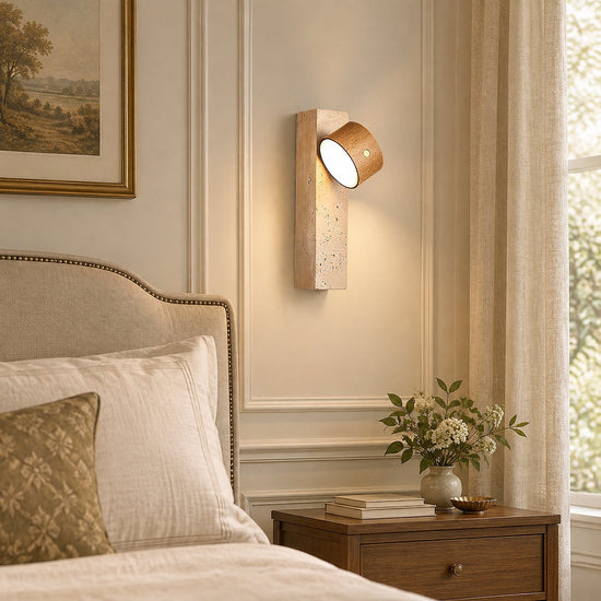 Axis Wood Rechargeable Wall Lamp, 2.8-Inch x H 9.1-Inch, Dark walnut & Yellow Travertine, Warm Light & USB Charging for Bedroom & Living Room