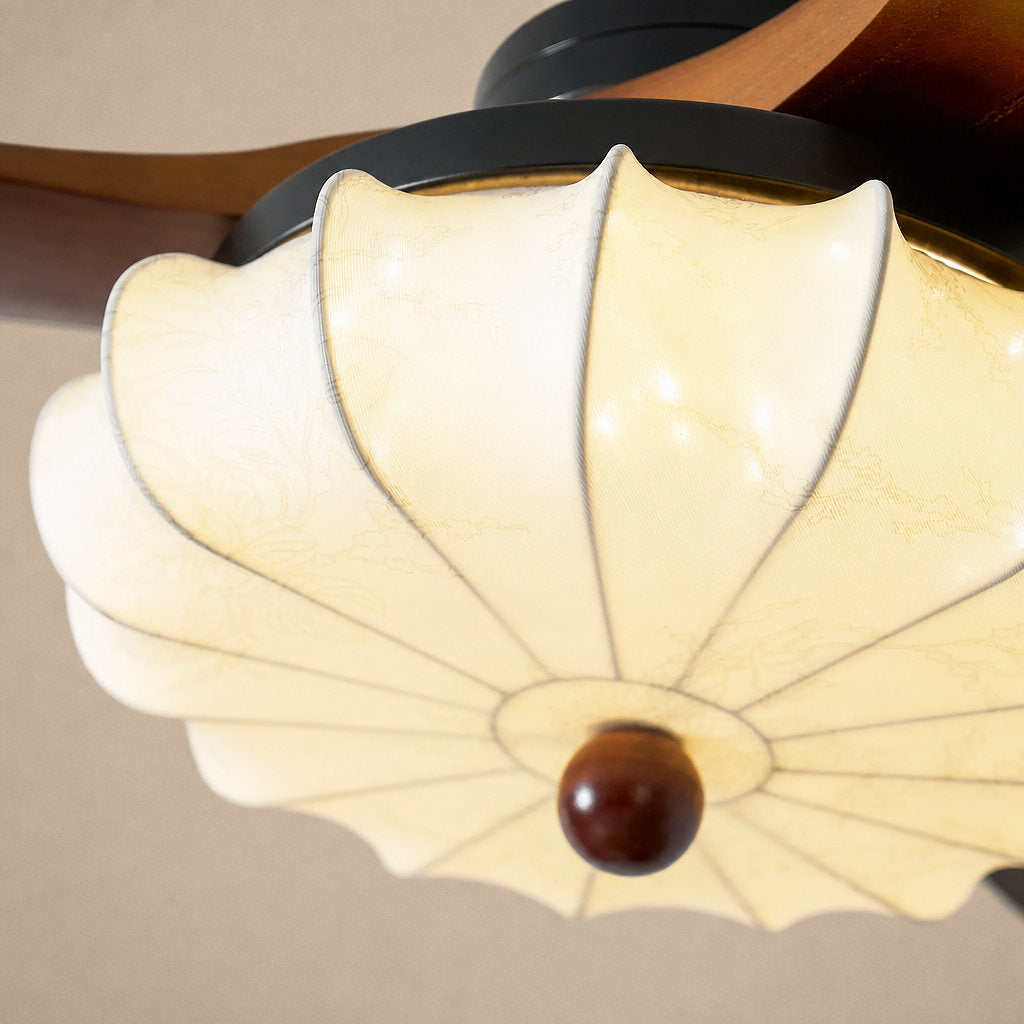 Lotus Bloom Ceiling Fan Light, 36~52-Inch x H 11.8-Inch, Walnut Wood & Black & White, Warm Light for Living Room