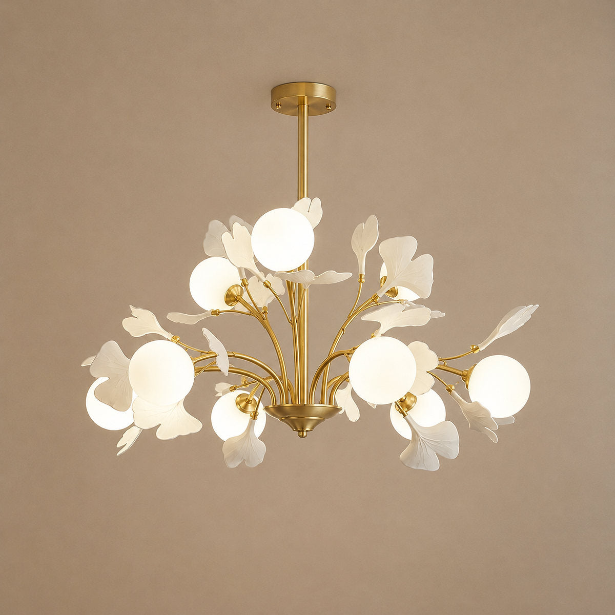 Brass Branch Chandelier with Ceramic Leaves