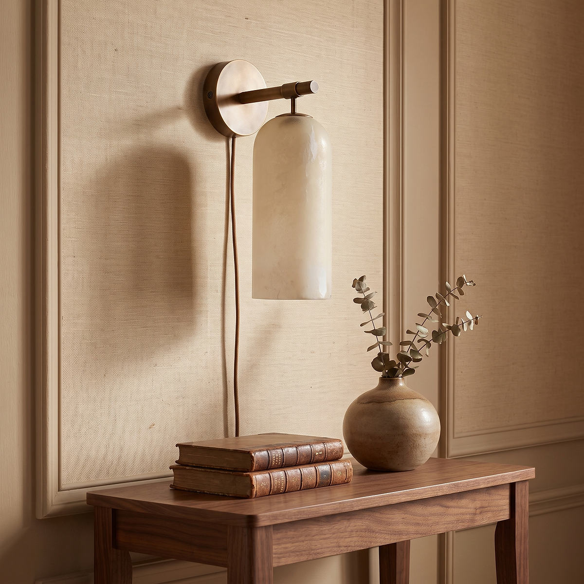 Pillar Alabaster Plug-in Wall Lamp, 3.1-Inch x H 7.1-Inch, Antique Brass & White, US Plug for Bedroom & Living Room