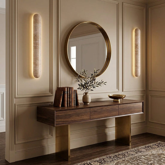 Liora Travertine Wall Lamp, 3.1-Inch x H 13.8~35.4-Inch, Yellow Travertine, Warm Light for Living Room & Dining Room