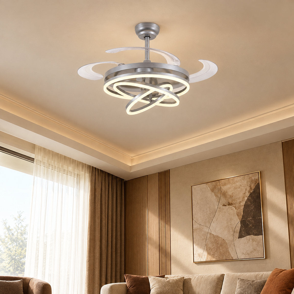 Tricolordeer LED Ring Light Ceiling Fan with Retractable Acrylic Blades