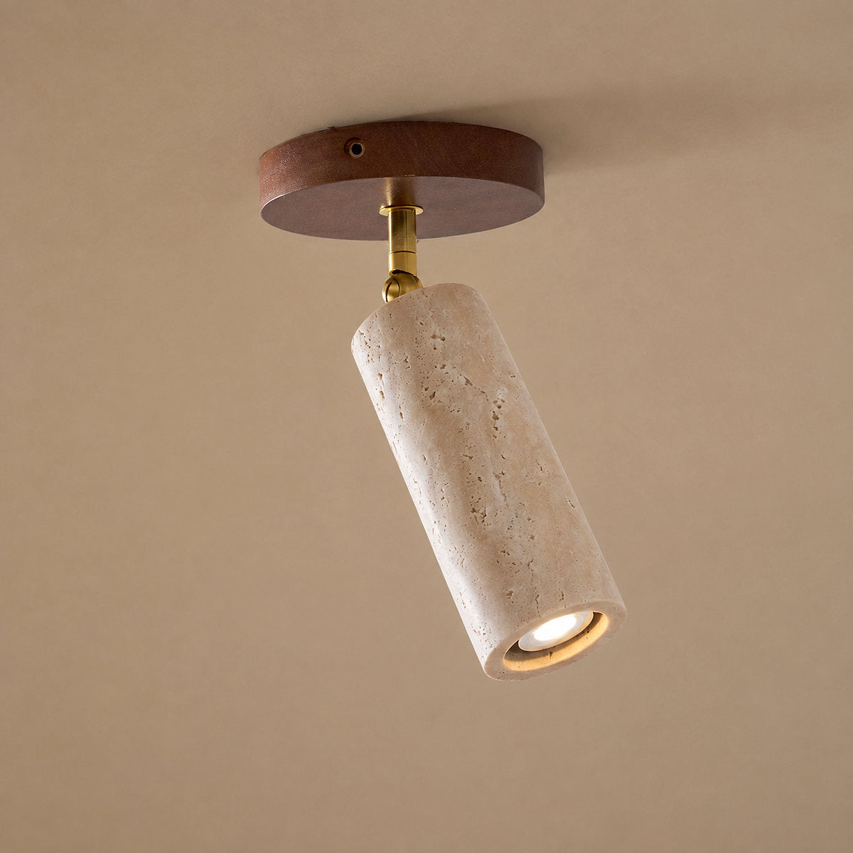 Solis Stone Spotlight, 2.6-Inch x H 6.3-Inch, Walnut Wood & Yellow Travertine, Warm Light for Bedroom & Living Room