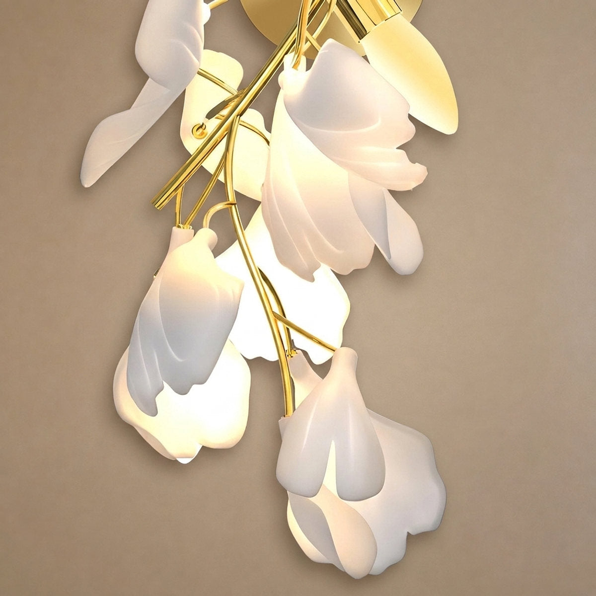 Gingko Flowers Wall Lamp, 11.8-Inch x H 23.6-Inch, Gold & White for Living Room & Dining Room