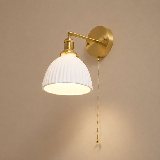 Brass Pleated Ceramic Wall Lamp, 6.7-Inch x H 9.1-Inch, Brass & White Ceramic for Living Room
