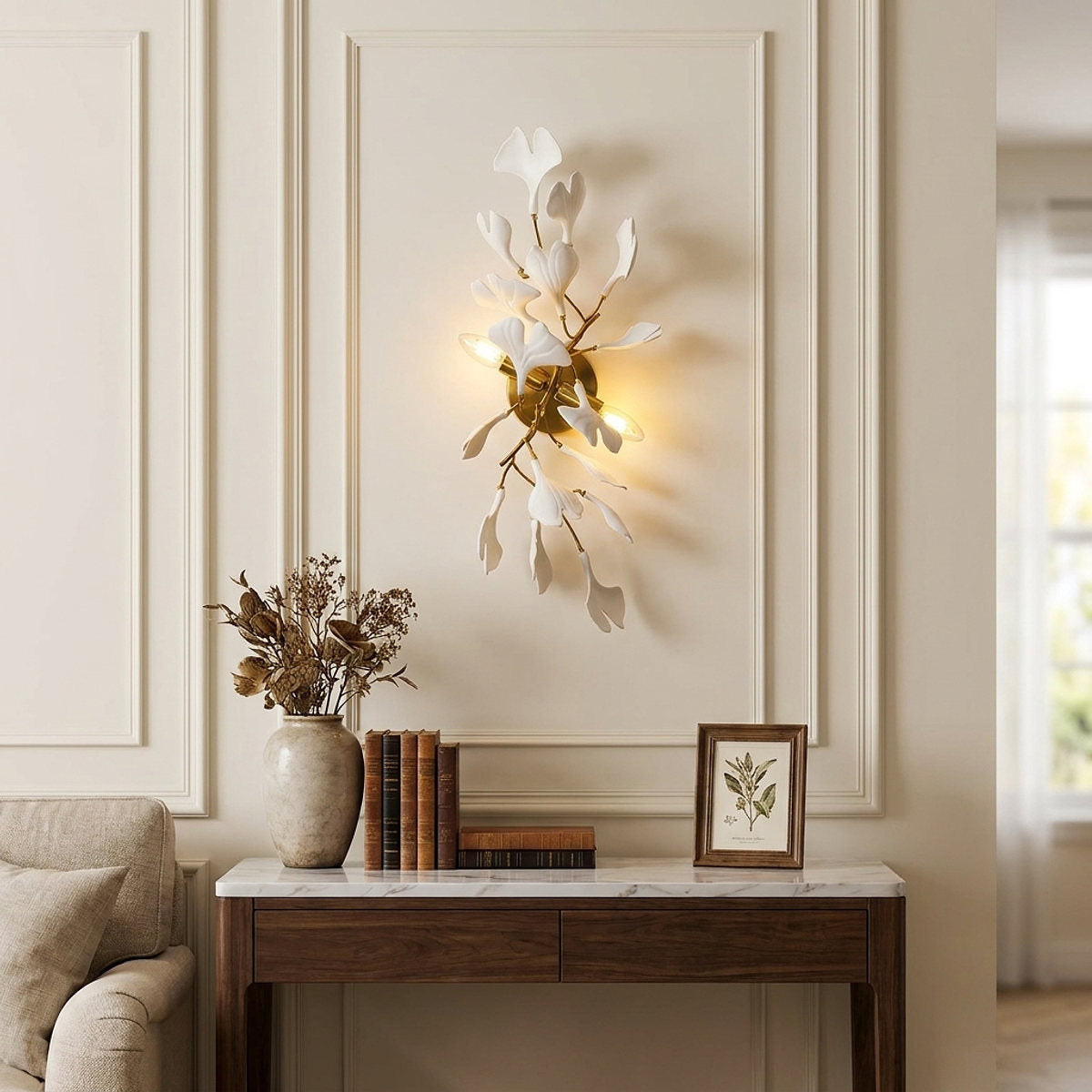 Gingko Flowers Wall Lamp, 11.8-Inch x H 23.6-Inch, Gold & White for Living Room & Dining Room