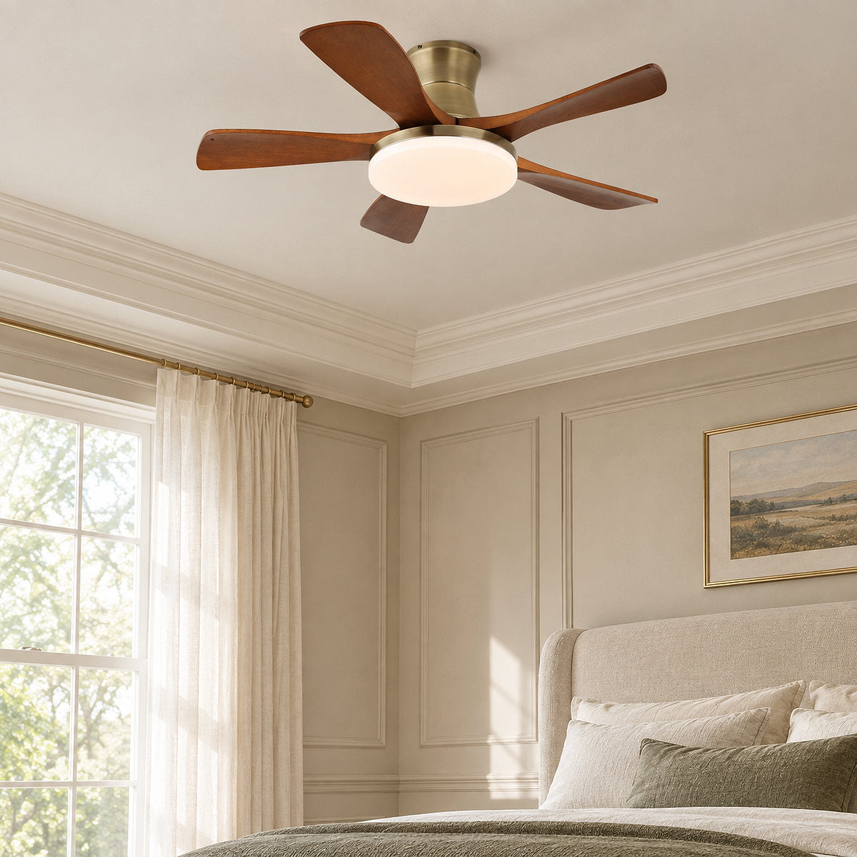 Liam Ceiling Fan Light, 42~52-Inch x H 11-Inch, Bronze & Walnut Wood, Three-Color Light for Living Room