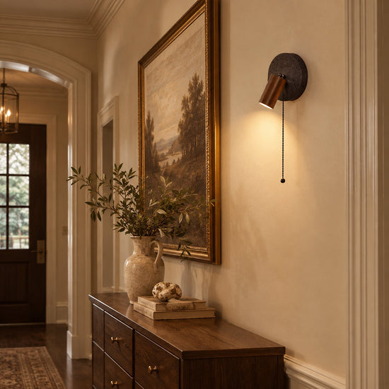 Alaric Wall Lamp, 7-Inch x H 3.9-Inch, Walnut Wood & Black Travertine for Living Room & Dining Room