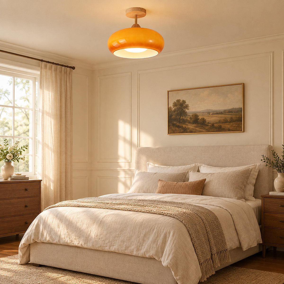 Plafonnier Ceiling Light, 11-Inch x H 11-Inch, Natural wood & White for Living Room