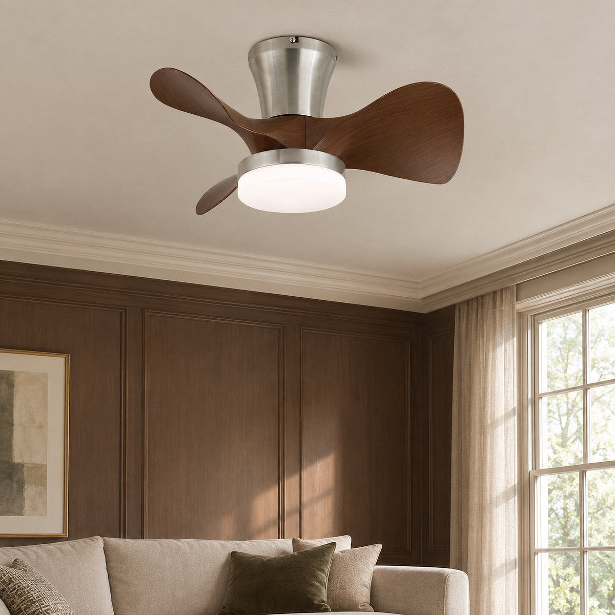 Arvento Ceiling Fan Light, 22-Inch x H 11.8-Inch, Walnut Wood & Nickel, Three-Color Light for Living Room