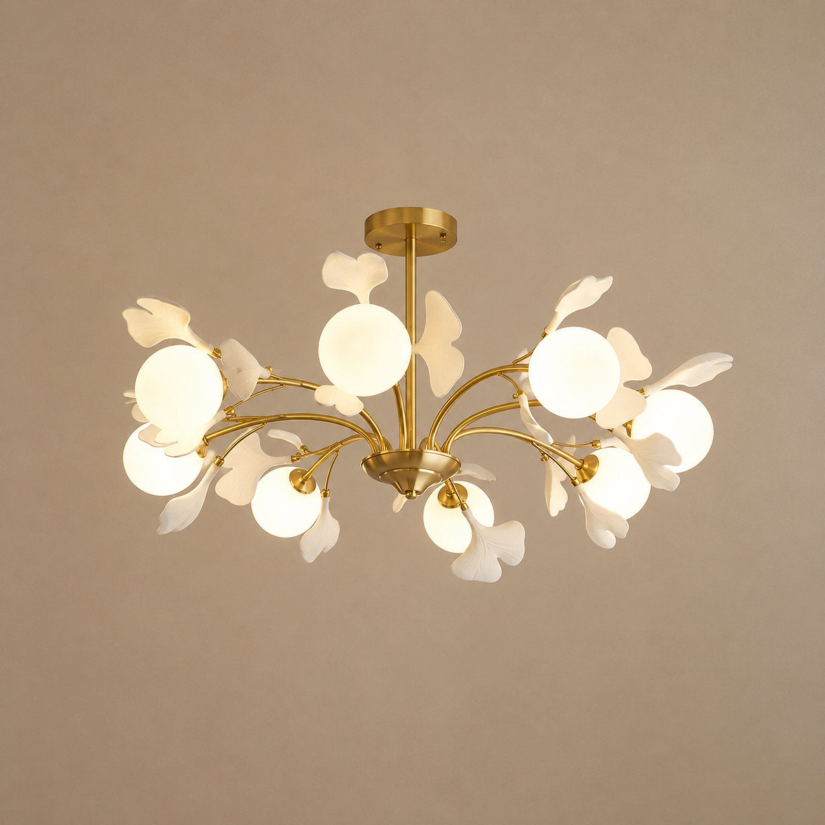 Brass Branch Chandelier with Ceramic Leaves