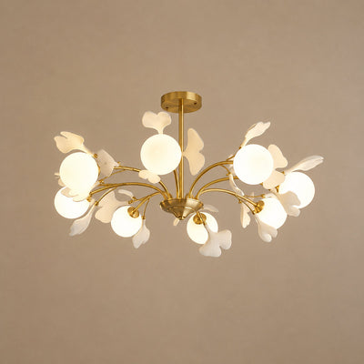 Brass Branch Chandelier with Ceramic Leaves