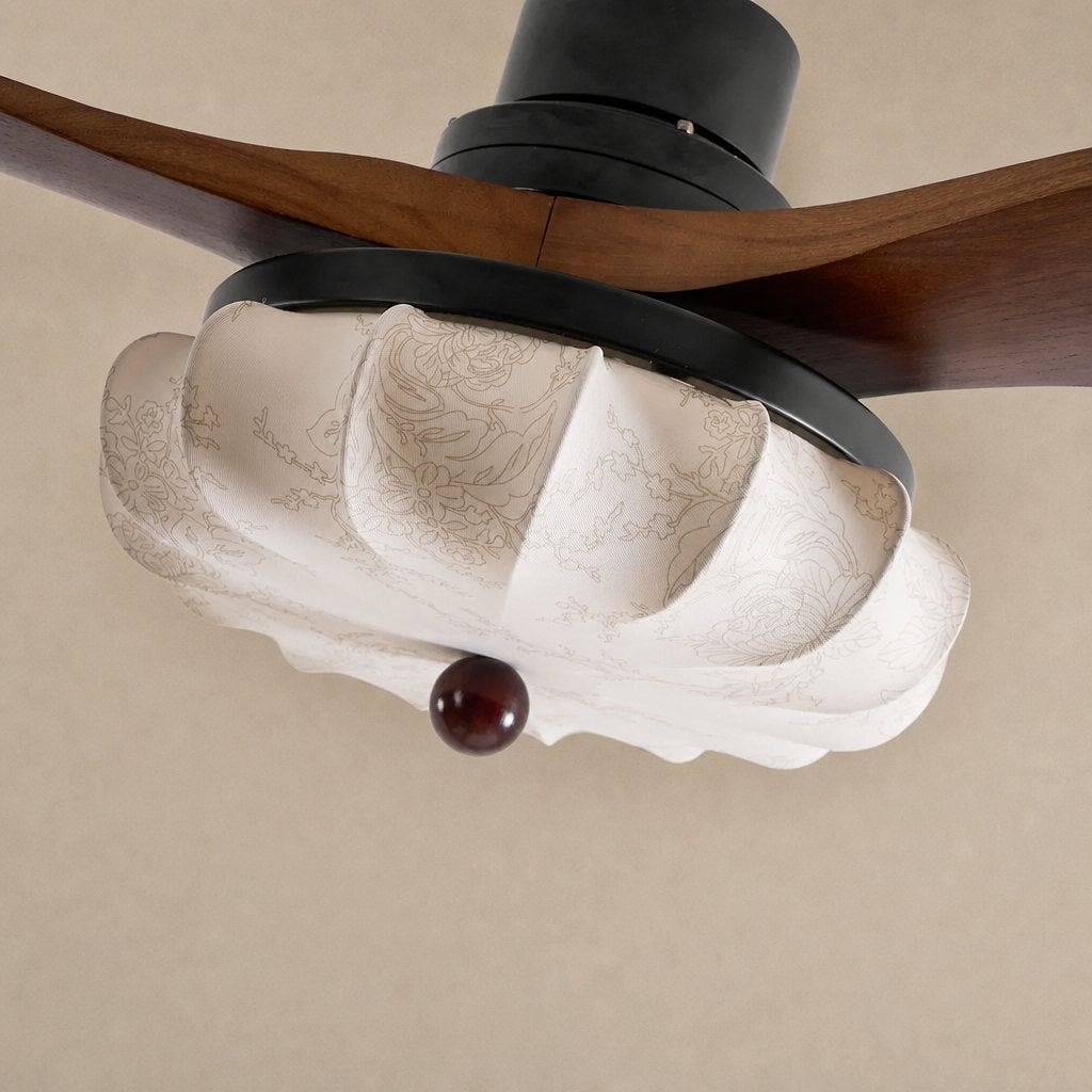 Lotus Bloom Ceiling Fan Light, 36~52-Inch x H 11.8-Inch, Walnut Wood & Black & White, Warm Light for Living Room