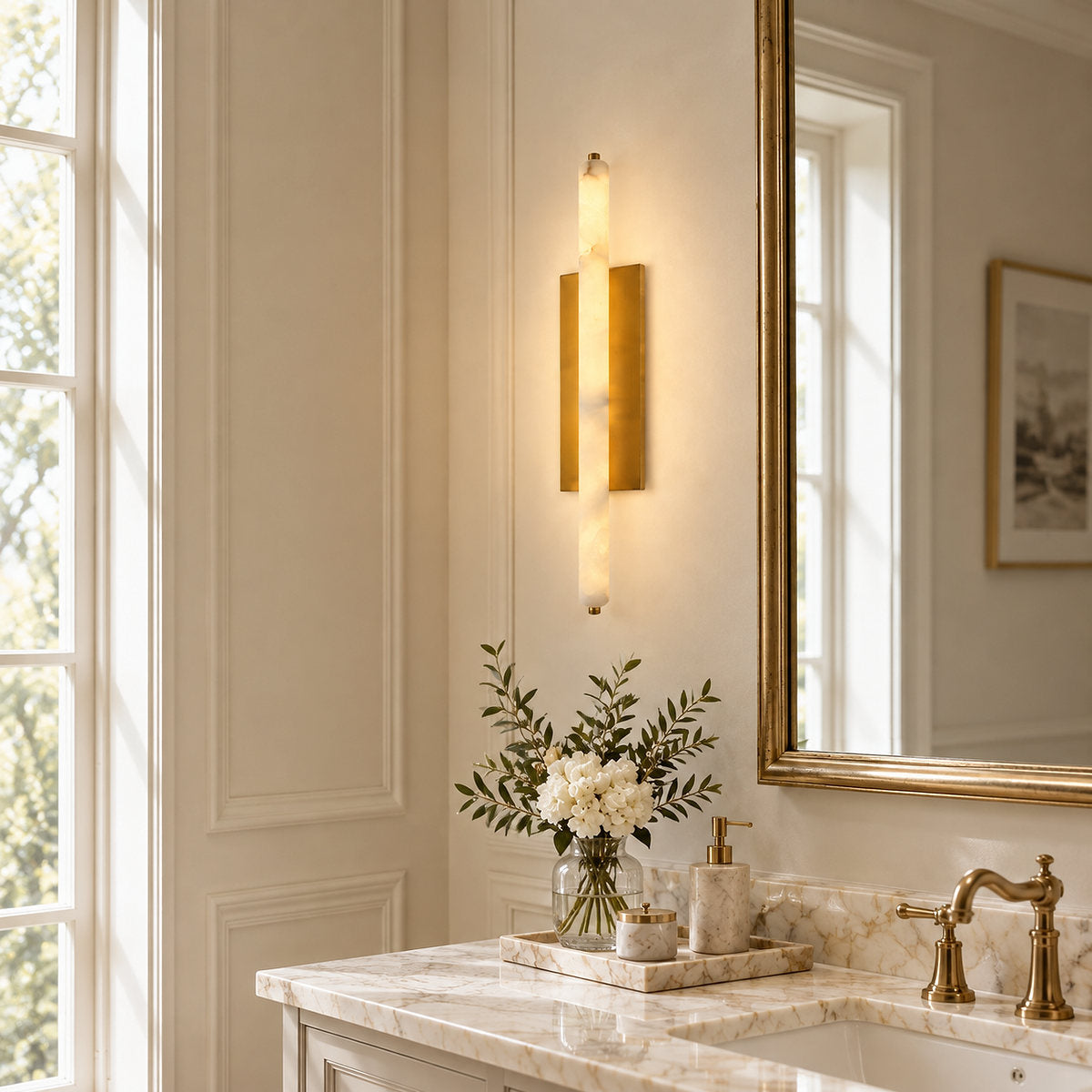 Tricolordeer 25-inch Alabaster Brass Cylindrical Sconce Pair