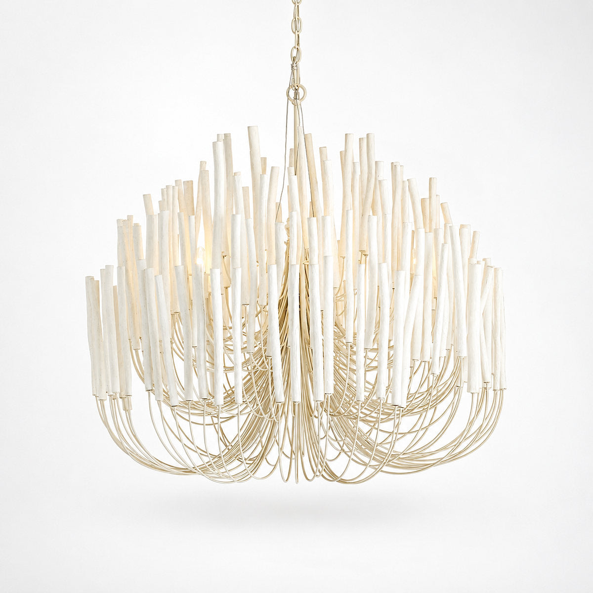 Tiered Wood and Curved Iron Chandelier
